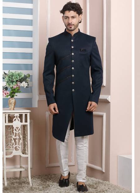 Dark Navy Blue Colour Party Wear Mens Jaquard Silk Indo Western Collection 1696